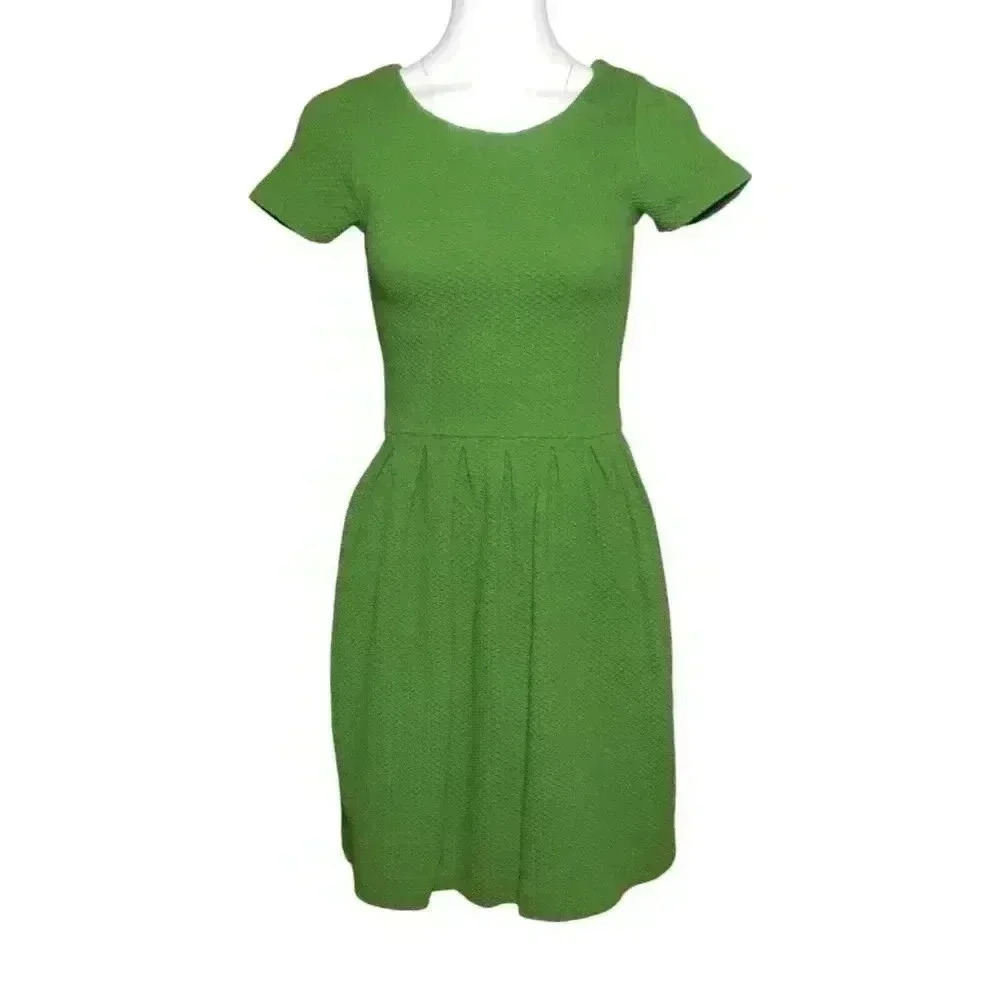 Ganni Green Textured Mini Dress Size XS Stretch Knit Pleated Coquette Party